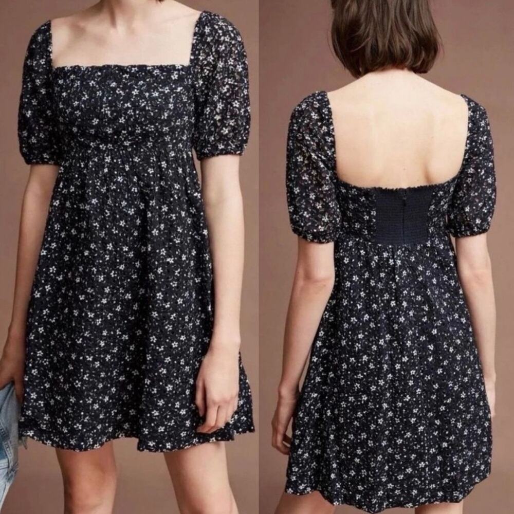 ANTHROPOLOGIE MAEVE Navy Blue White Floral Eyelet Lace Zip Mini Babydoll Dress 6